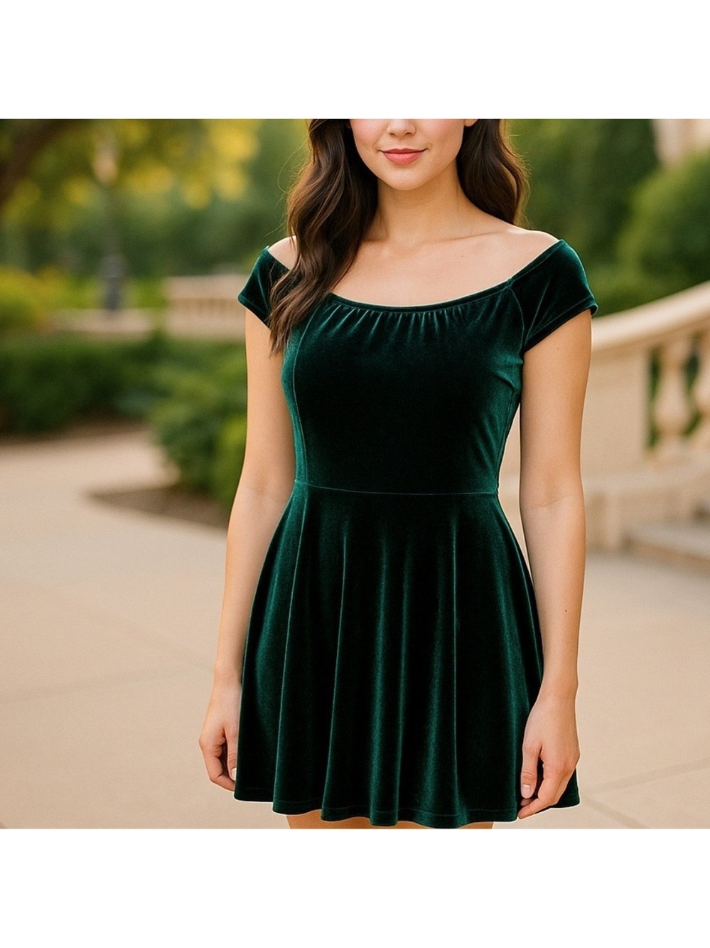 Jolie A-Line Mini Dress Cap Sleeve Fit & Flare Emerald Green Velour S 90s Y2K - Picture 2 of 8